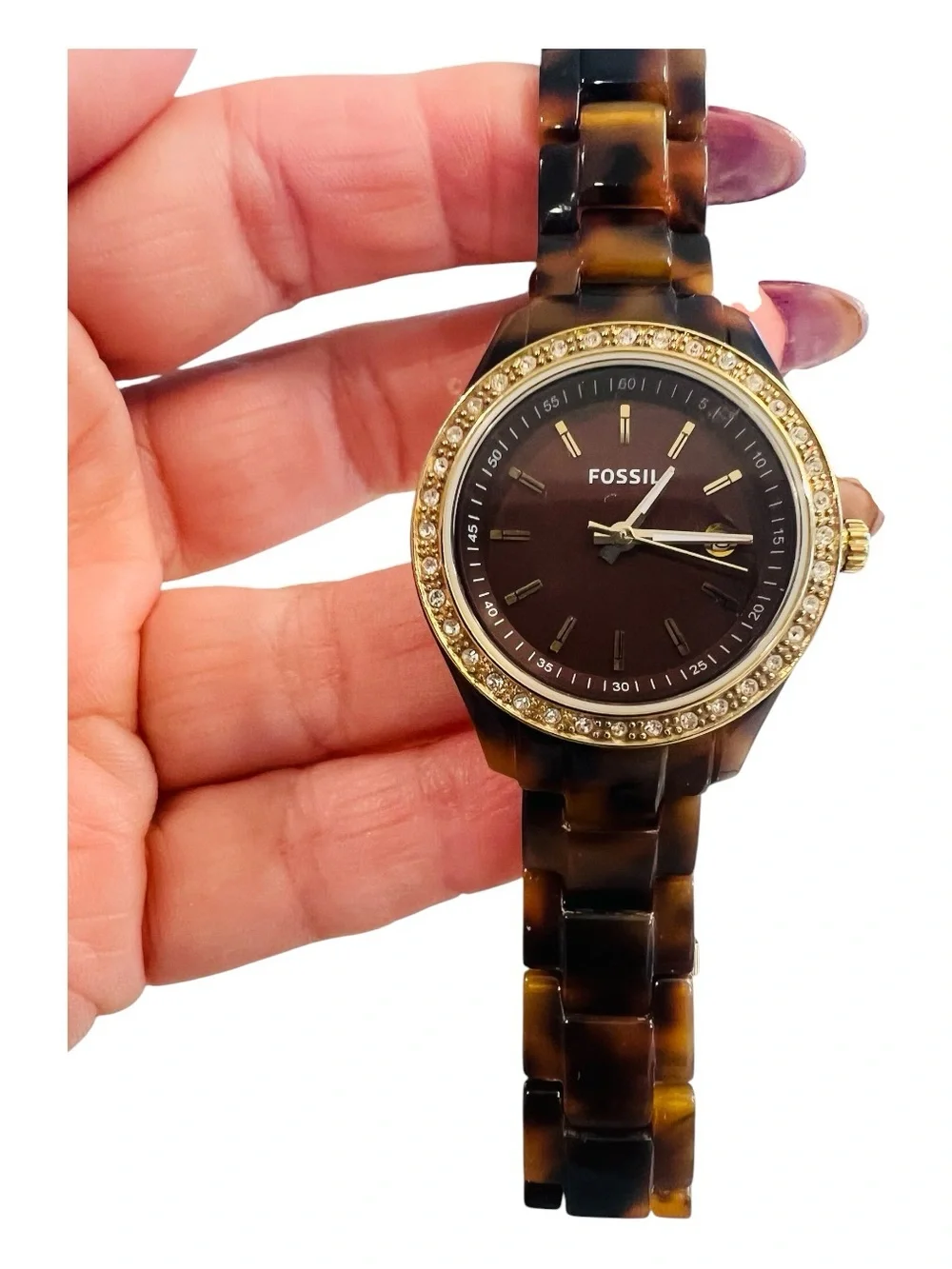 Fossil Mini Stella ES2922 Tortoise Resin Crystal Gold Tone Watch New Battery